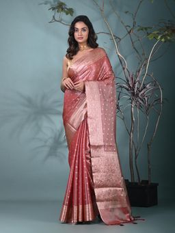 CHARUKRITI - Red Woven Tassels Tissue Saree with Unstitched Blouse