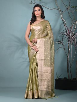 CHARUKRITI - Green Woven Tassels Tissue Saree with Unstitched Blouse