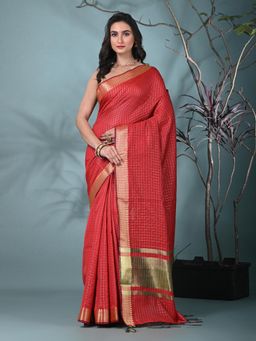 CHARUKRITI - Red Checks Woven Silk Blend Saree with Unstitched Blouse