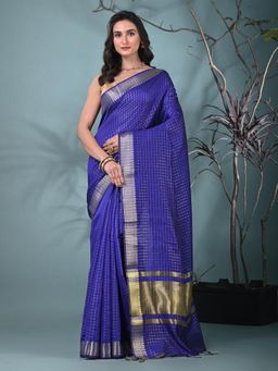 CHARUKRITI - Blue Checks Woven Silk Blend Saree with Unstitched Blouse