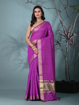 CHARUKRITI - Purple Checks Woven Silk Blend Saree with Unstitched Blouse