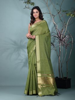 CHARUKRITI - Green Checks Woven Silk Blend Saree with Unstitched Blouse