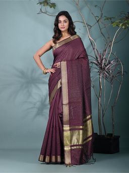 CHARUKRITI - Maroon Checks Woven Silk Blend Saree with Unstitched Blouse