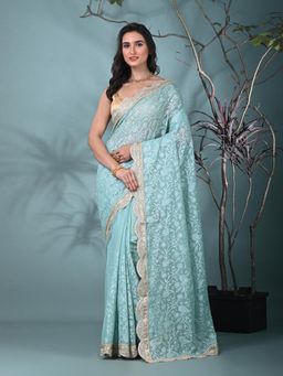 CHARUKRITI - Green Paisley Embroidered Chanderi Silk Saree with Unstitched Blouse