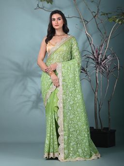 CHARUKRITI - Green Paisley Embroidered Chanderi Silk Saree with Unstitched Blouse