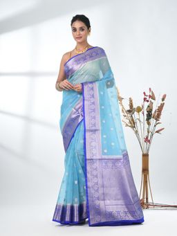 CHARUKRITI - Blue Woven Zari Organza Saree with Unstitched Blouse