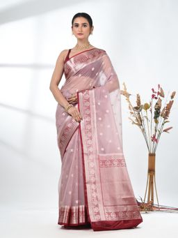 CHARUKRITI - Pink Woven Zari Organza Saree with Unstitched Blouse