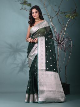 CHARUKRITI - Green Woven Zari Organza Saree with Unstitched Blouse