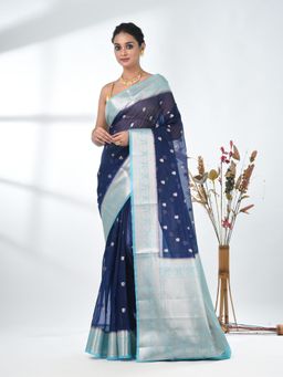 CHARUKRITI - Navy Blue Woven Zari Organza Saree with Unstitched Blouse