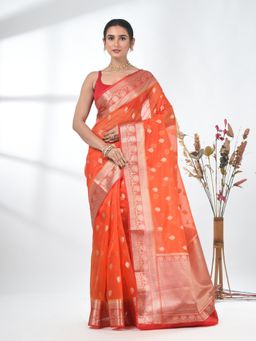 CHARUKRITI - Orange Woven Zari Organza Saree with Unstitched Blouse
