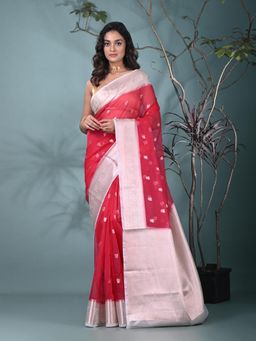 CHARUKRITI - Magenta Woven Zari Organza Saree with Unstitched Blouse