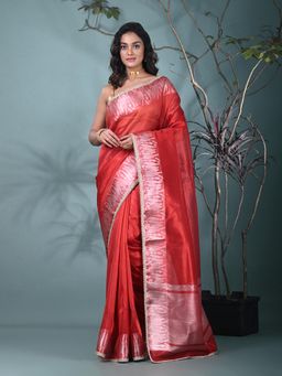 CHARUKRITI - Red Woven Tissue Saree with Unstitched Blouse