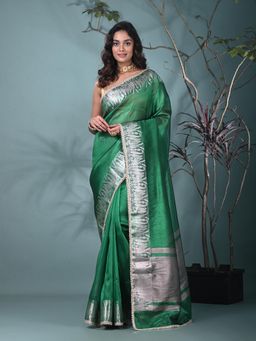 CHARUKRITI - Green Woven Tissue Saree with Unstitched Blouse