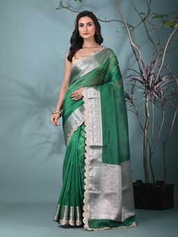 CHARUKRITI - Green Woven Tissue Saree with Unstitched Blouse