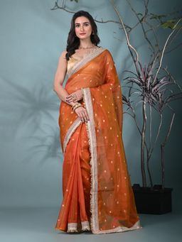 CHARUKRITI - Orange Woven Zari Tissue Saree with Unstitched Blouse