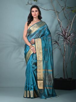 CHARUKRITI - Blue Woven Beads and Stones Tissue Saree with Unstitched Blouse
