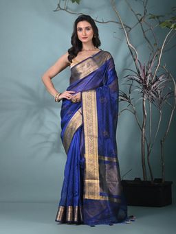 CHARUKRITI - Navy Blue Woven Beads and Stones Tissue Saree with Unstitched Blouse