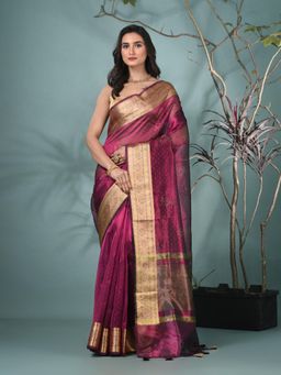 CHARUKRITI - Magenta Woven Beads and Stones Tissue Saree with Unstitched Blouse