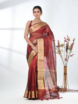 CHARUKRITI - Red Woven Beads and Stones Tissue Saree with Unstitched Blouse