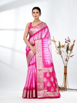 CHARUKRITI - Pink Tie & Dye Printed Silk Blend Saree with Unstitched Blouse
