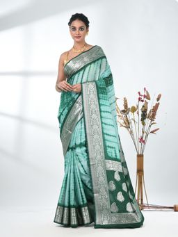 CHARUKRITI - Green Tie & Dye Printed Silk Blend Saree with Unstitched Blouse