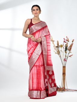 CHARUKRITI - Red Tie & Dye Printed Silk Blend Saree with Unstitched Blouse
