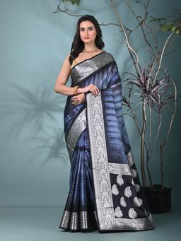 CHARUKRITI - Black Tie & Dye Printed Silk Blend Saree with Unstitched Blouse