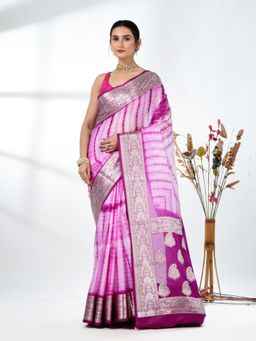 CHARUKRITI - Purple Tie & Dye Printed Silk Blend Saree with Unstitched Blouse