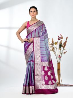 CHARUKRITI - Grey Tie & Dye Printed Silk Blend Saree with Unstitched Blouse