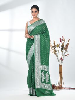 CHARUKRITI - Green Woven Zari Georgette Saree with Unstitched Blouse
