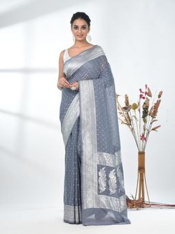 CHARUKRITI - Grey Woven Zari Georgette Saree with Unstitched Blouse