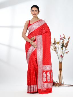 CHARUKRITI - Red Woven Zari Georgette Saree with Unstitched Blouse