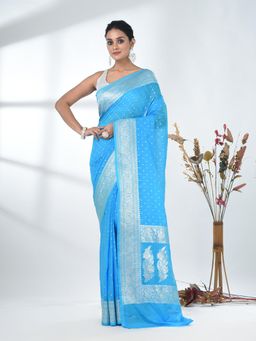 CHARUKRITI - Blue Woven Zari Georgette Saree with Unstitched Blouse