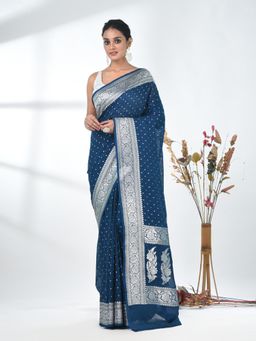CHARUKRITI - Navy Blue Woven Zari Georgette Saree with Unstitched Blouse