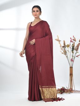CHARUKRITI - Maroon Solid Tassels Modal Saree with Unstitched Blouse