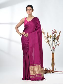 CHARUKRITI - Magenta Solid Tassels Modal Saree with Unstitched Blouse