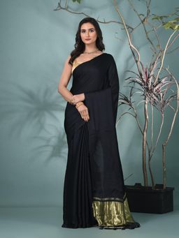 CHARUKRITI - Black Solid Tassels Modal Saree with Unstitched Blouse