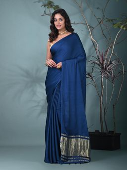 CHARUKRITI - Blue Solid Tassels Modal Saree with Unstitched Blouse