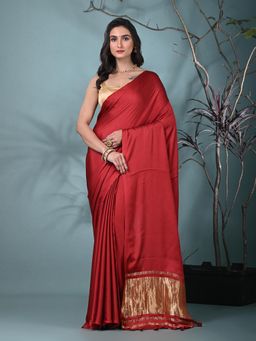 CHARUKRITI - Red Solid Tassels Modal Saree with Unstitched Blouse