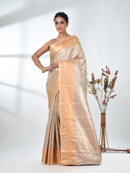 CHARUKRITI - Beige Woven Zari Tissue Saree with Unstitched Blouse