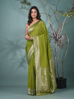 CHARUKRITI - Green Woven Zari Georgette Saree with Unstitched Blouse