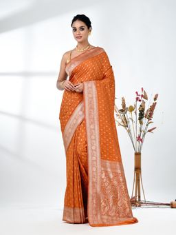 CHARUKRITI - Orange Woven Zari Georgette Saree with Unstitched Blouse