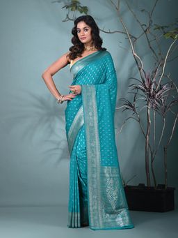 CHARUKRITI - Turquoise Woven Zari Georgette Saree with Unstitched Blouse