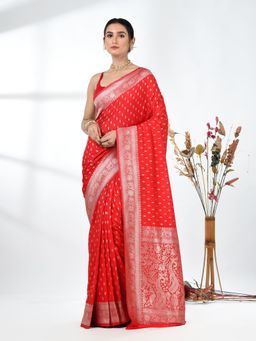 CHARUKRITI - Red Woven Zari Georgette Saree with Unstitched Blouse