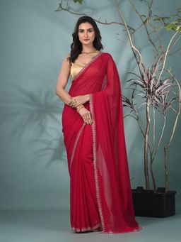 CHARUKRITI - Magenta Solid Beads and Stones Chiffon Saree with Unstitched Blouse