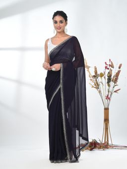 CHARUKRITI - Purple Solid Beads and Stones Chiffon Saree with Unstitched Blouse