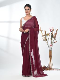 CHARUKRITI - Maroon Solid Beads and Stones Chiffon Saree with Unstitched Blouse