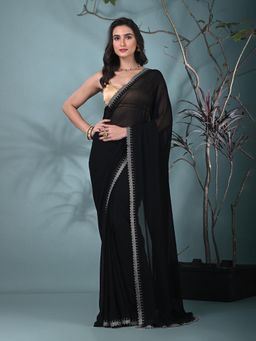 CHARUKRITI - Black Solid Beads and Stones Chiffon Saree with Unstitched Blouse