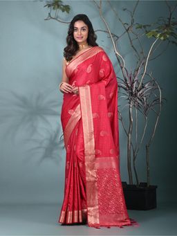 CHARUKRITI - Magenta Woven Tassels Silk Blend Saree with Unstitched Blouse