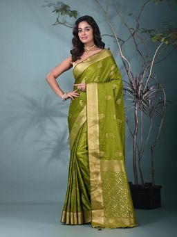 CHARUKRITI - Green Woven Tassels Silk Blend Saree with Unstitched Blouse